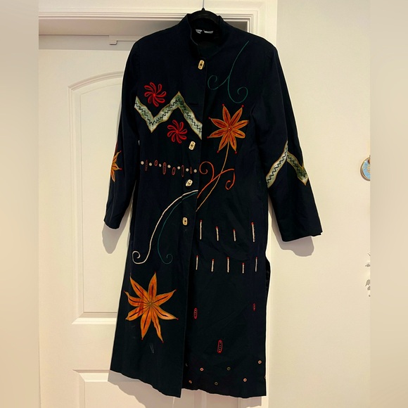 Indigo Black Trench Coat with Colorful Embroidery - Picture 1 of 3